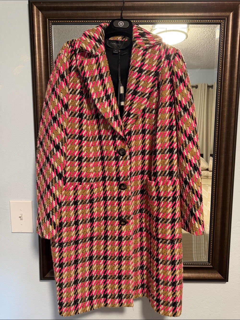 Carlisle Pink Black Tan Houndstooth Wool-Blend Coat